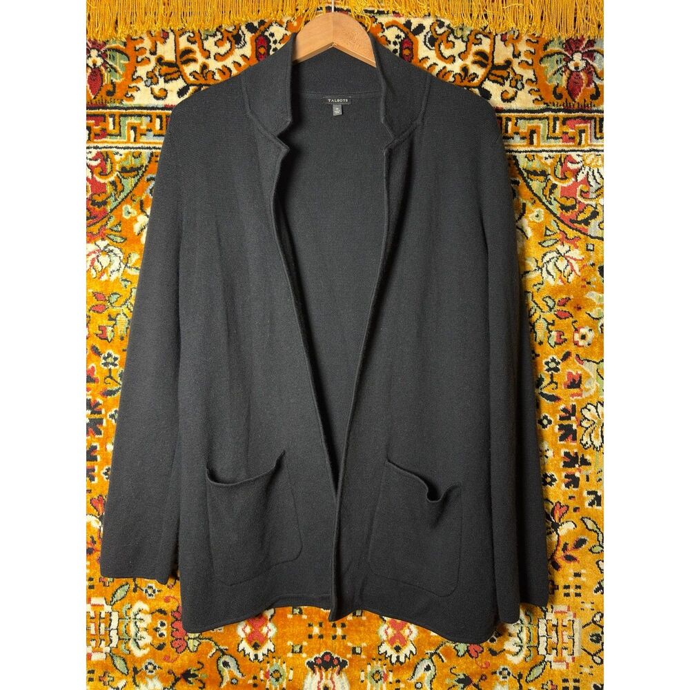 Talbots Black Merino Wool Knit Open Cardigan Size M